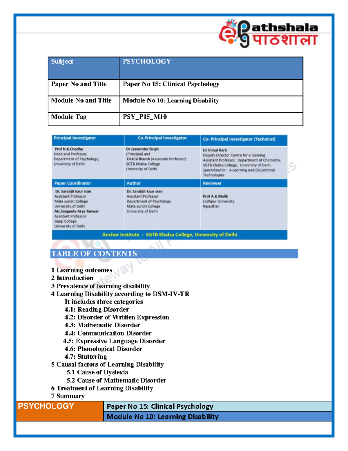 Learning Disability - Learning Outcomes After studying this Module, you ...