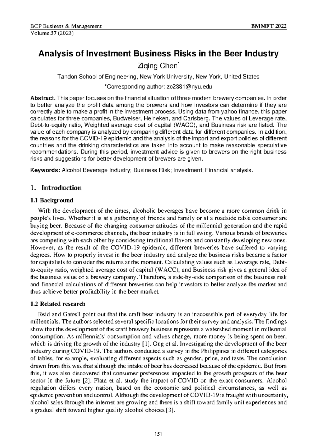 Analysis of Investment Business Risks in the Beer - This paper focuses ...