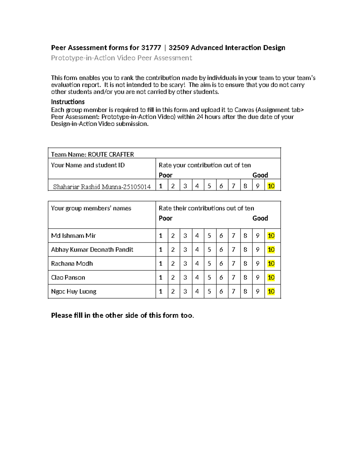 Video Peer Assessment document for Canvas - Peer Assessment forms for ...