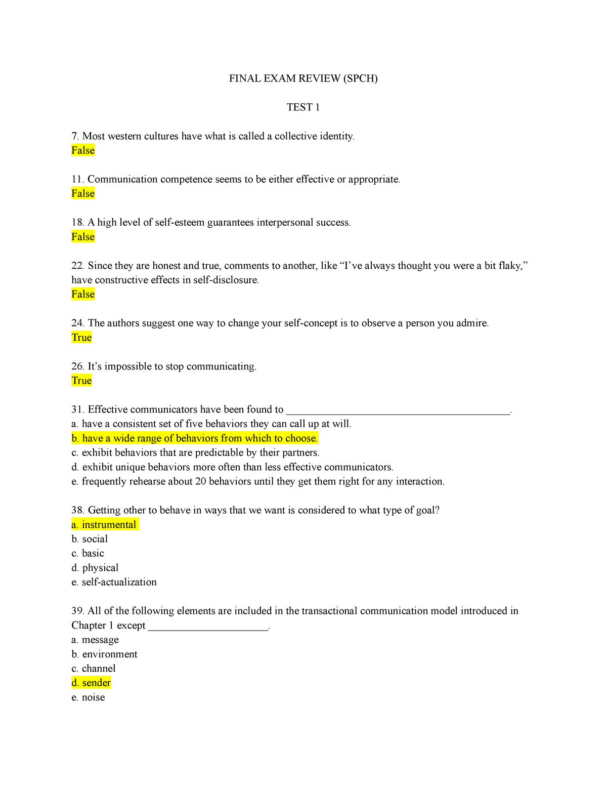 Final EXAM Review for speech (all chapters) - FINAL EXAM REVIEW (SPCH ...