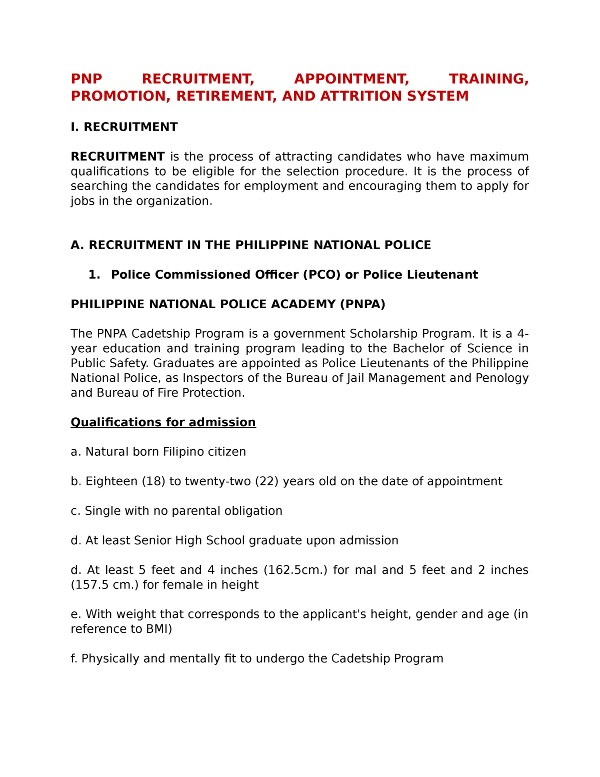 PNP Recruitment Appointment Training Promotion Retirement AND 