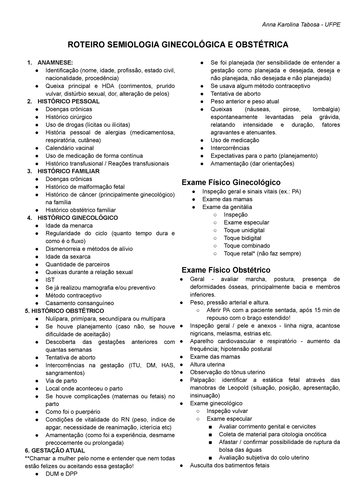 Roteiro De Semiologia Ginecológica Obstétrica Anna Karolina Tabosa Ufpe Roteiro Semiologia 8058