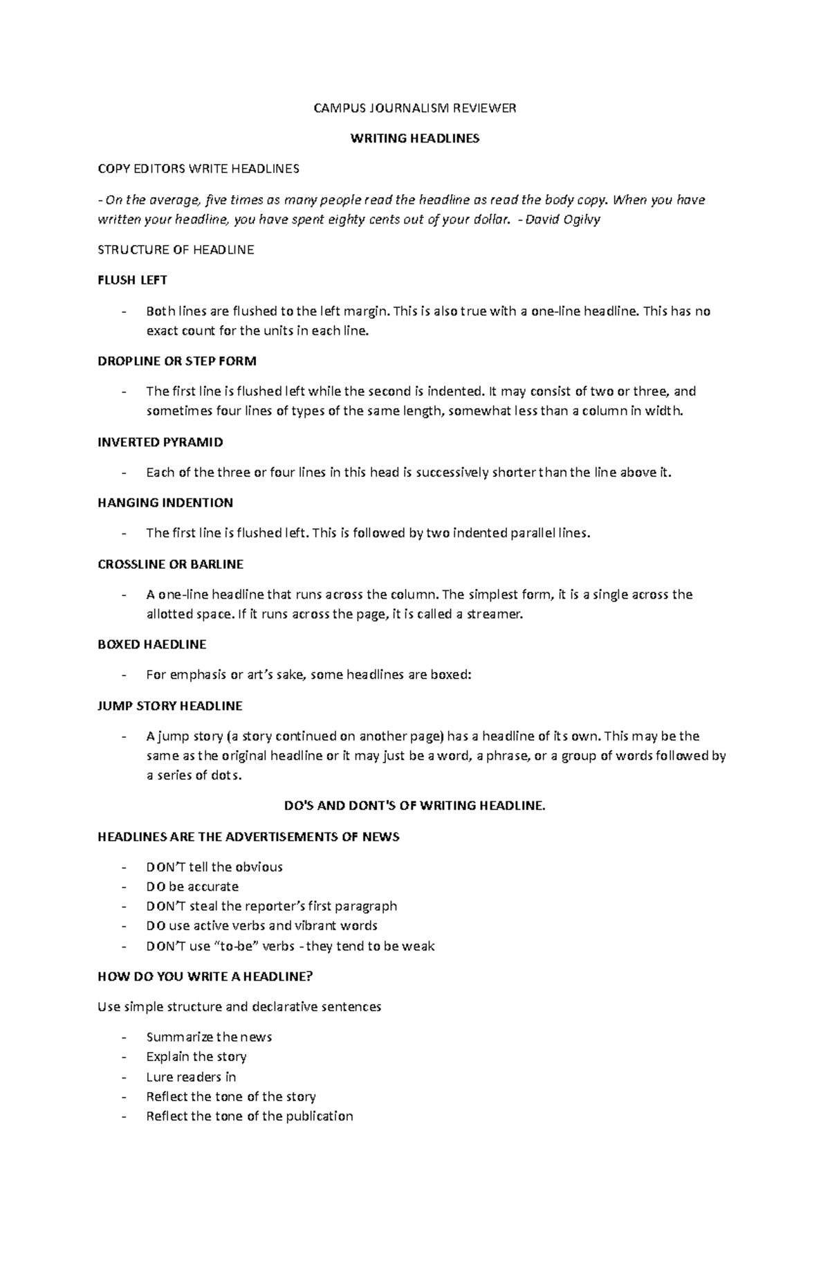 Campus Journalism Reviewer CAMPUS JOURNALISM REVIEWER WRITING