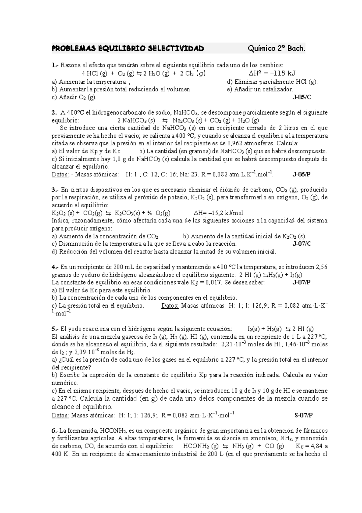 Ejercicios PAU Equilibrio Recopilación De Todos Los Años. - PROBLEMAS ...