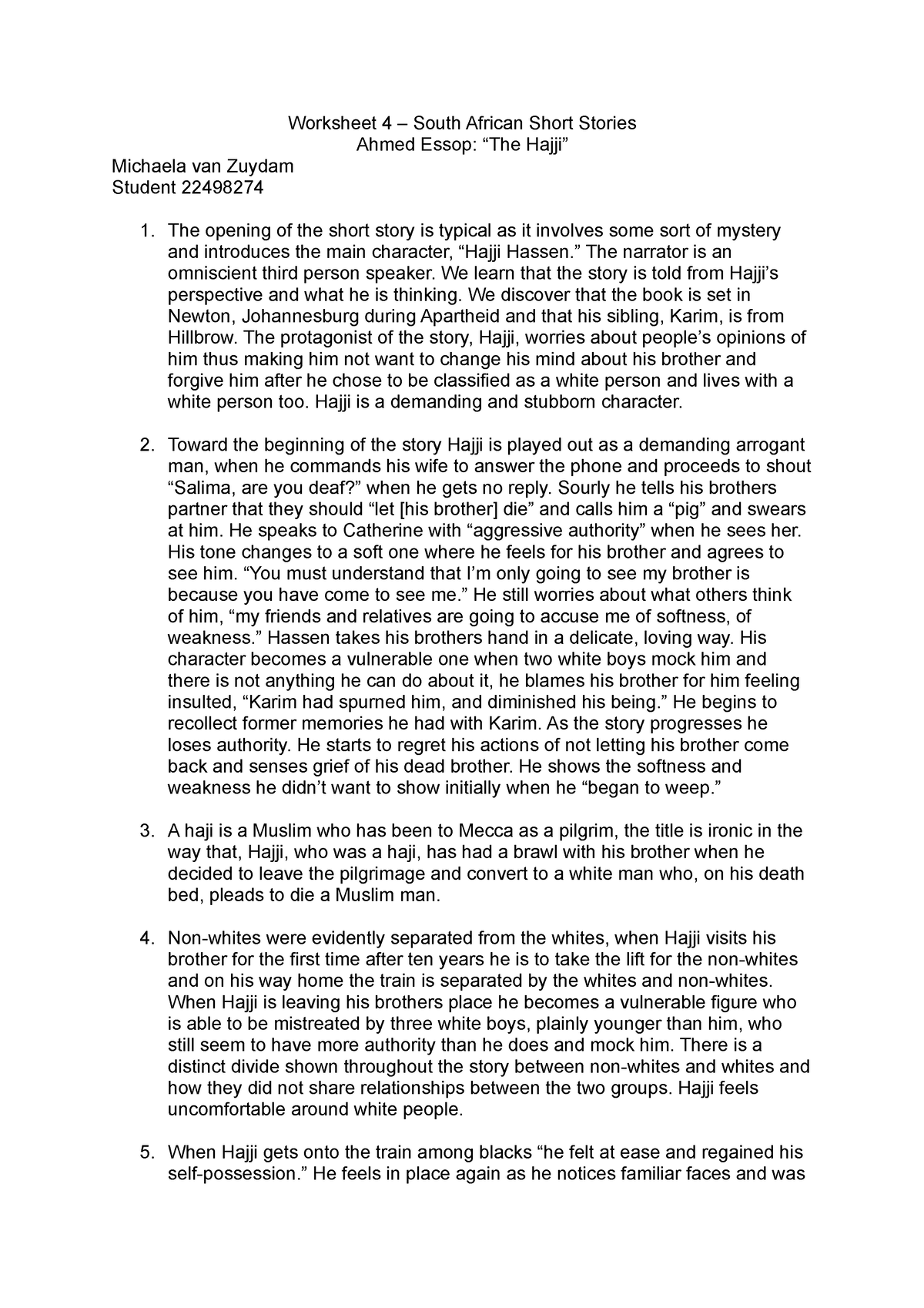 Worksheet 4 - Worksheet 4 – South African Short Stories Ahmed Essop ...