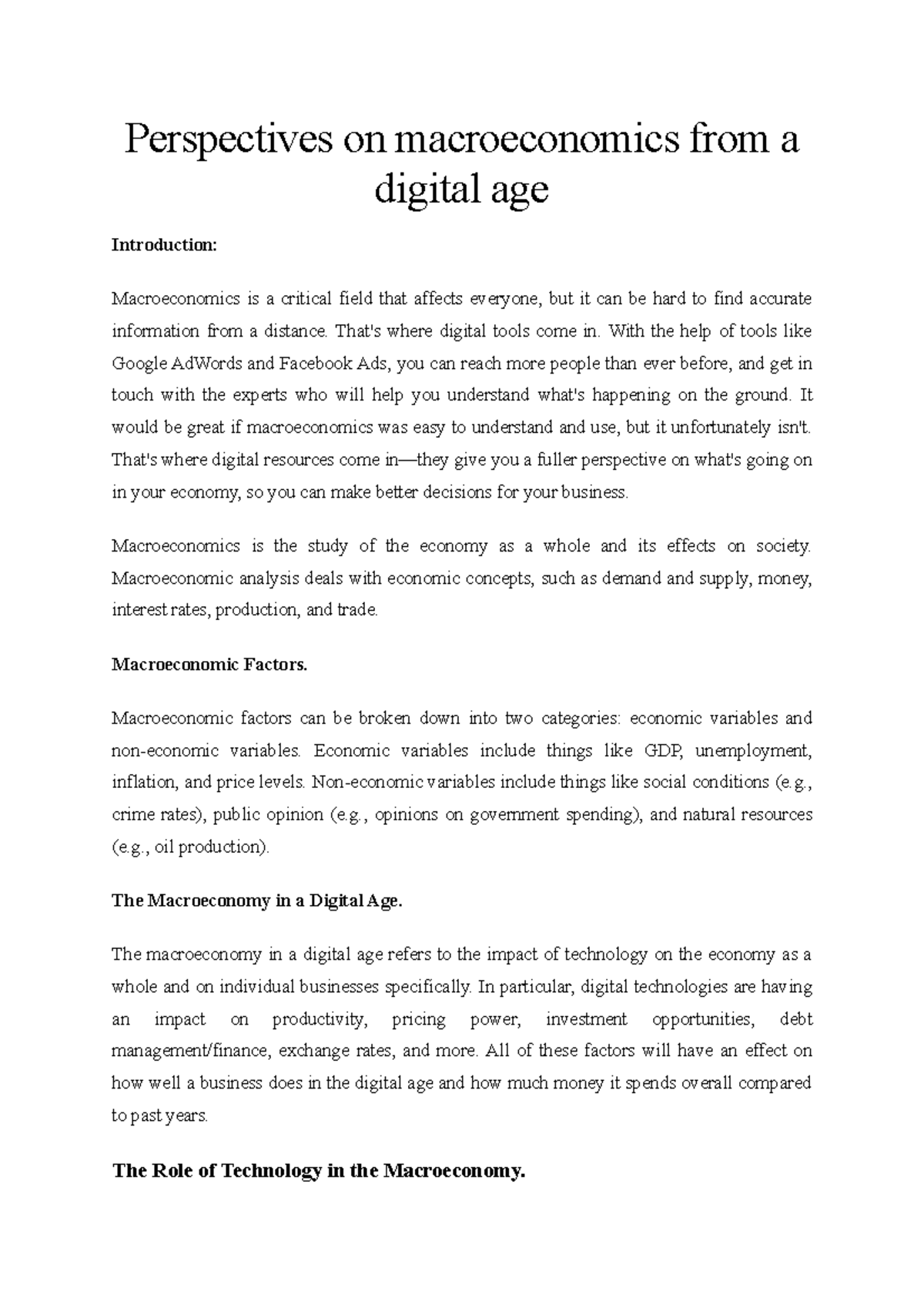 Perspectives on macroeconomics from a digital age Perspectives on