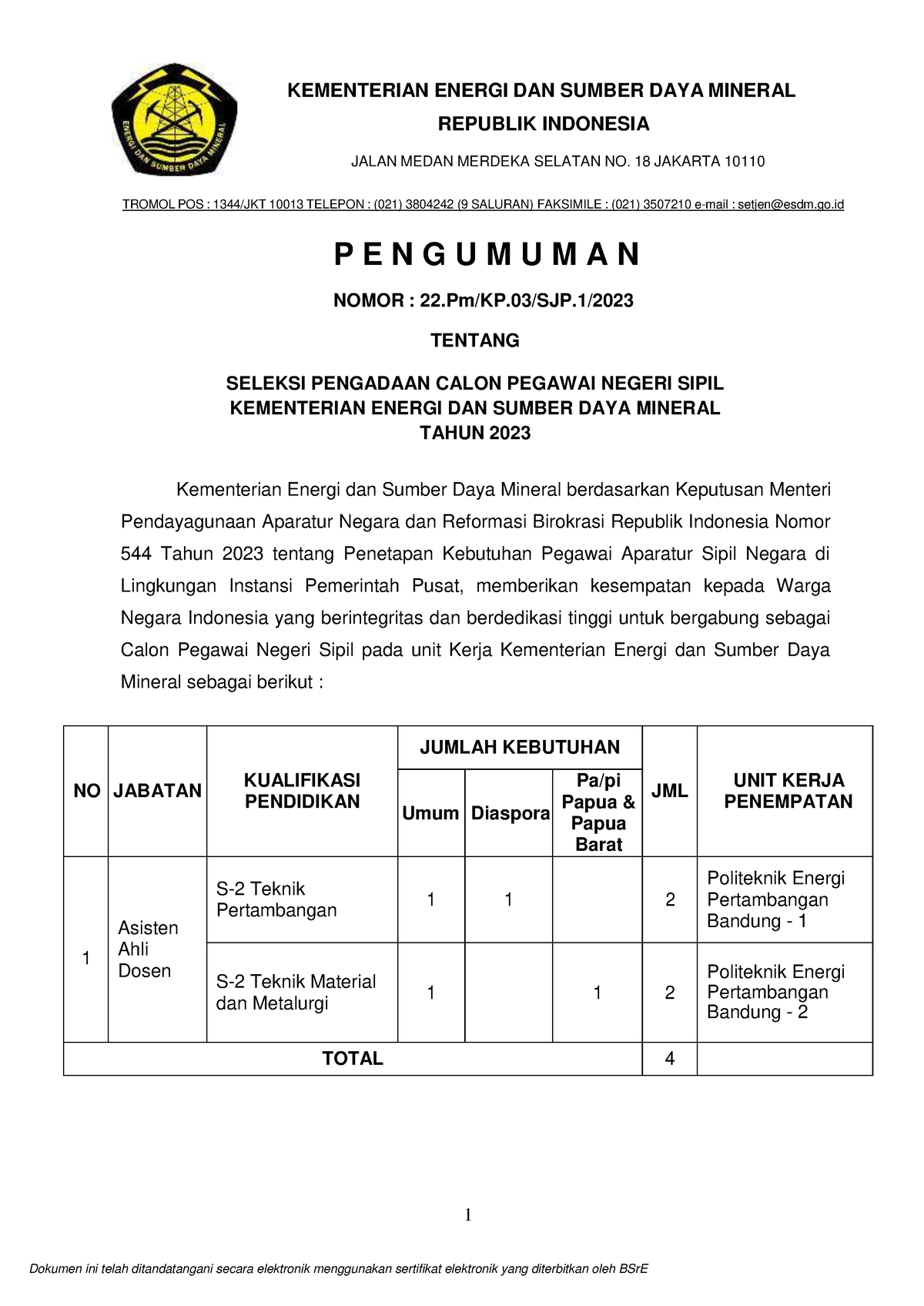 Kemen ESDM, CPNS - KEMENTERIAN ENERGI DAN SUMBER DAYA MINERAL REPUBLIK ...