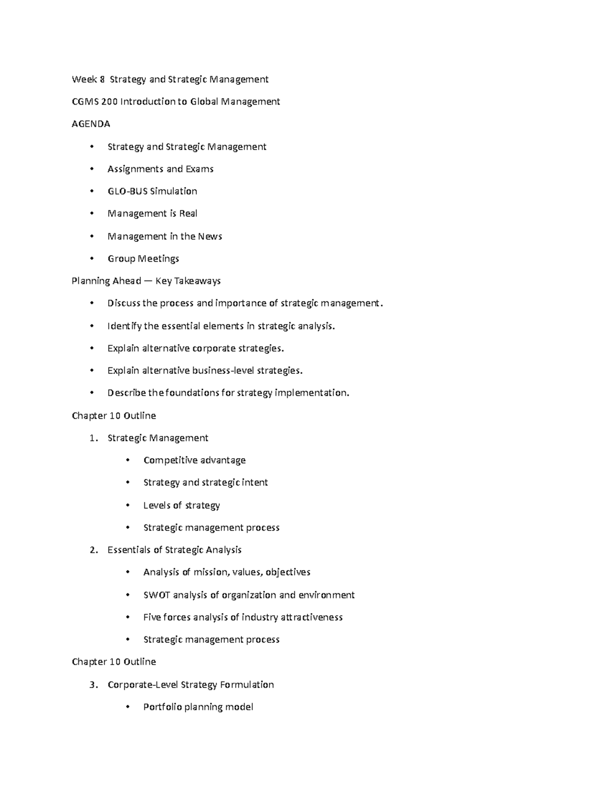 CGMS200 Strategy and Strategic Management Notes Week 8 - Week 8 ...