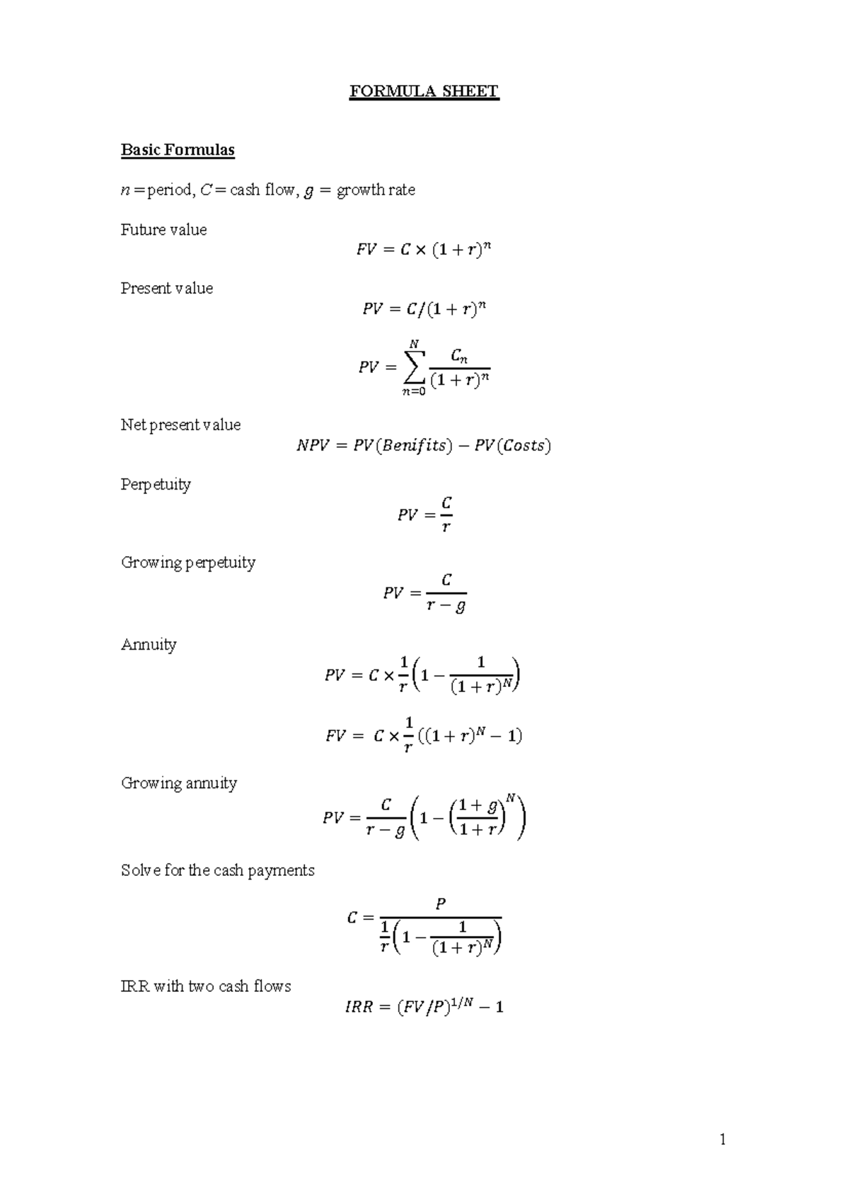 Formula Sheet V24 - FORMULA SHEET Basic Formulas n = period, C = cash ...