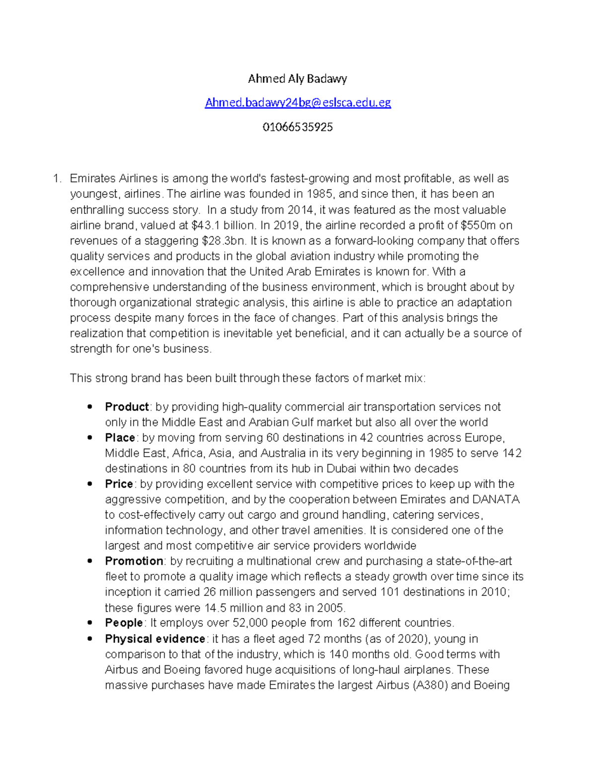 Emirates Airlines Case Study - Ahmed Aly Badawy Ahmed@eslsca.edu ...