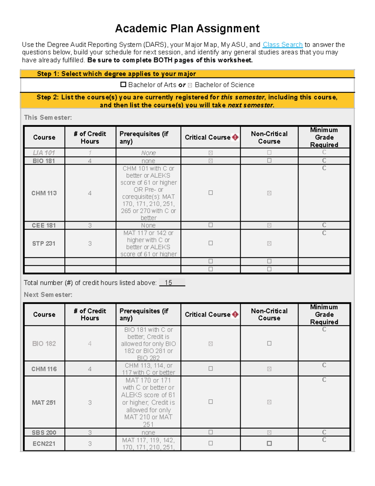 academic plan assignment