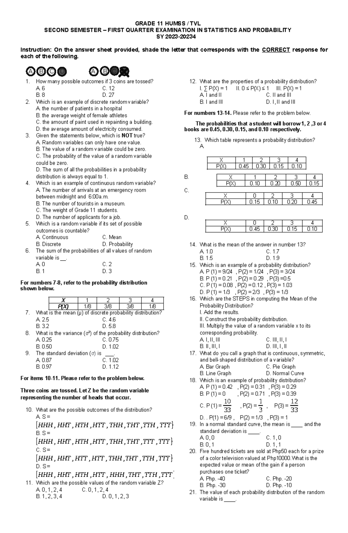 3RD Quarter STAT - A B C D A B C D GRADE 11 HUMSS / TVL SECOND SEMESTER ...