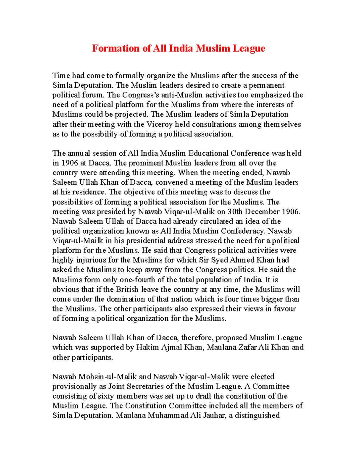 Formation of All India Muslim League - The Muslim leaders desired to ...