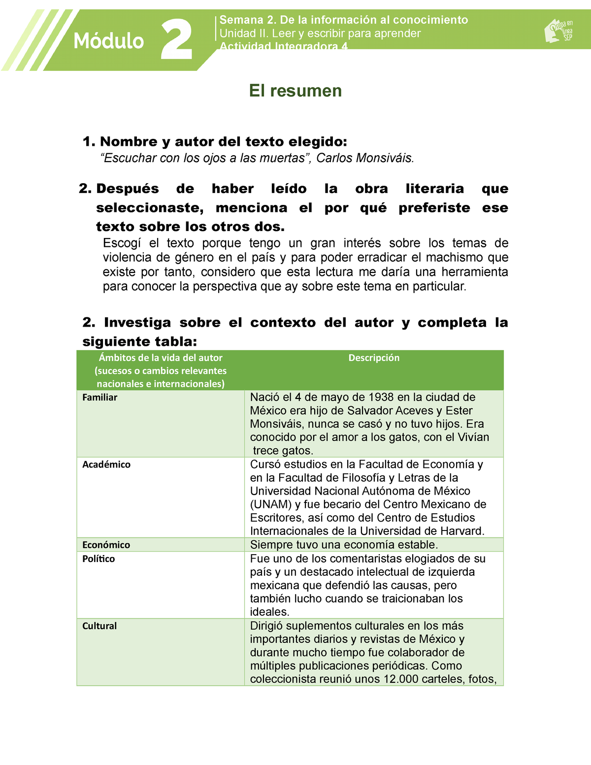 Actividad Integradora 4, Módulo 2 - El Resumen 1. Nombre Y Autor Del ...