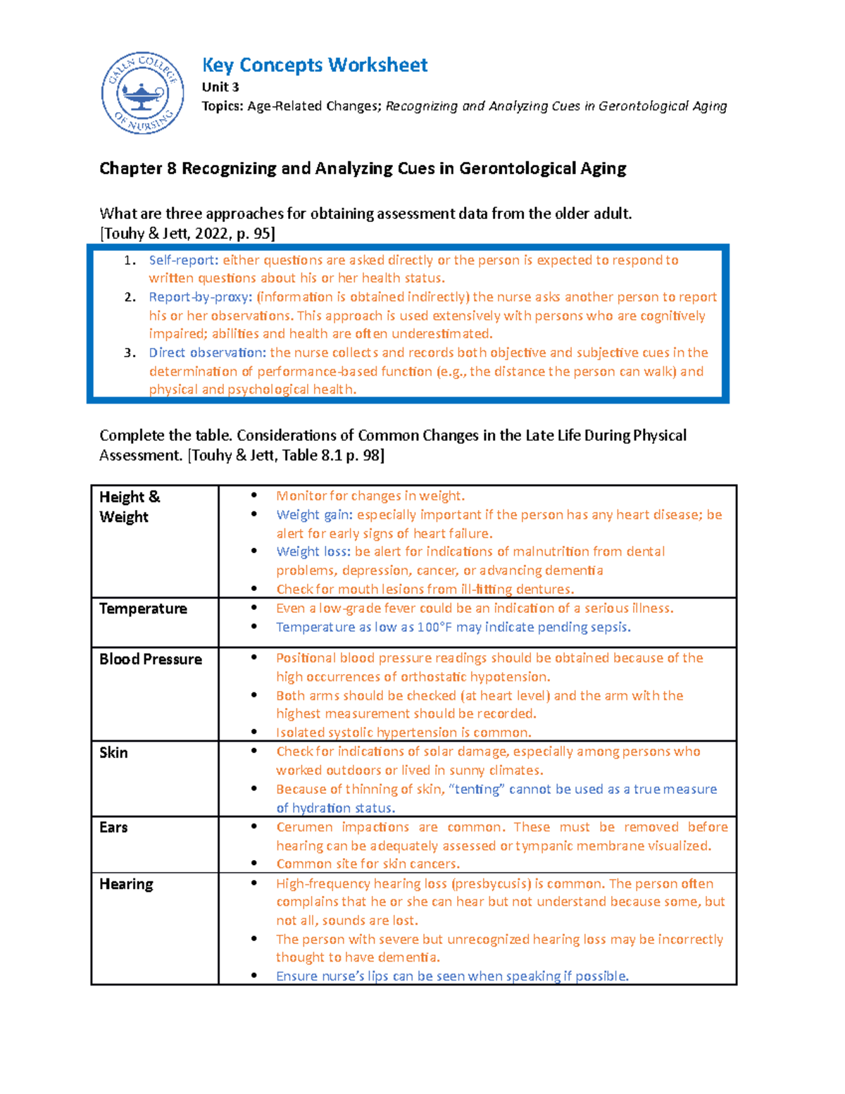 Unit 3 Key Concepts Worksheet Unit 3 Topics AgeRelated Changes