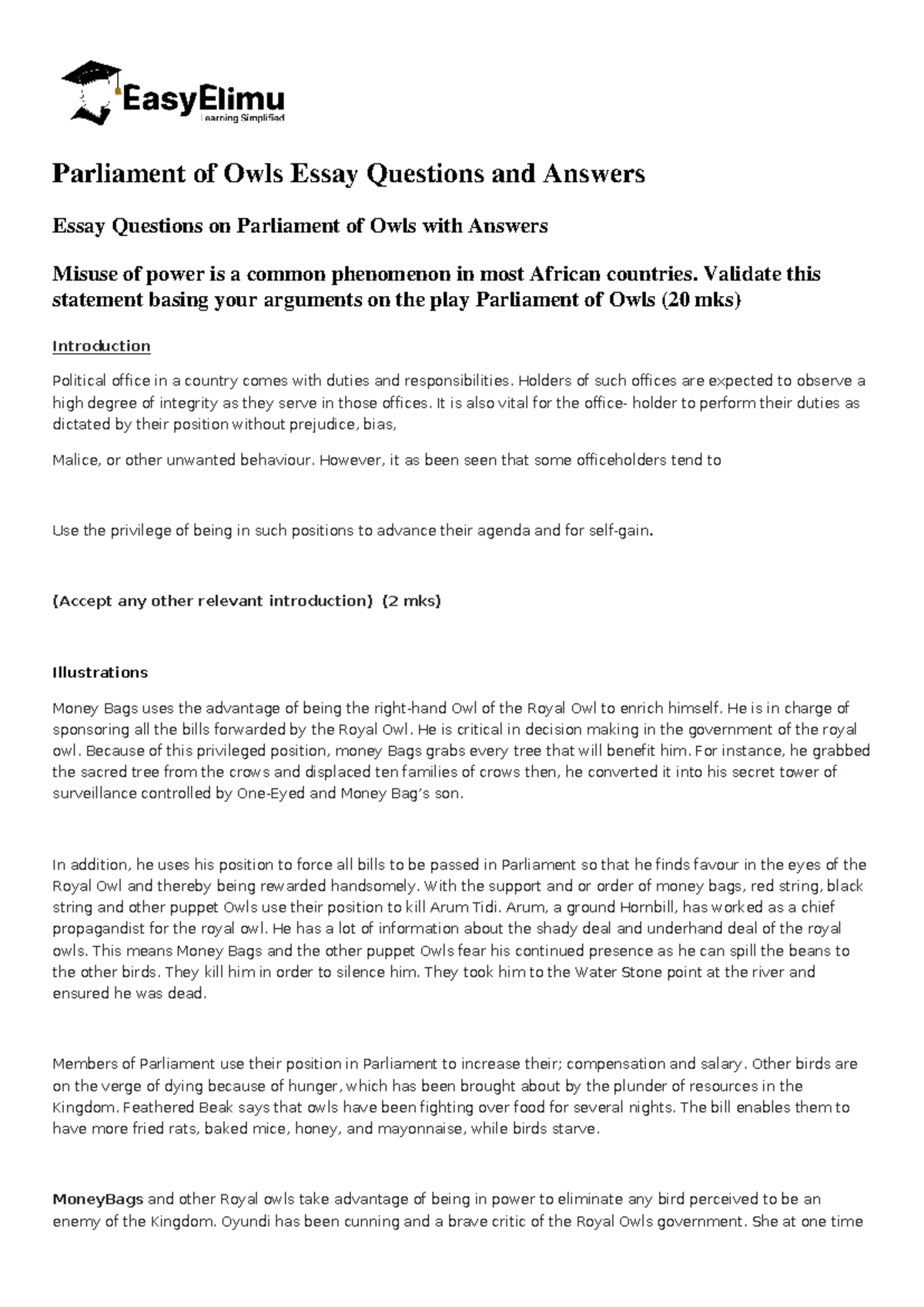 Parliament of Owls Essay Questions and Answers-251 - Validate this ...