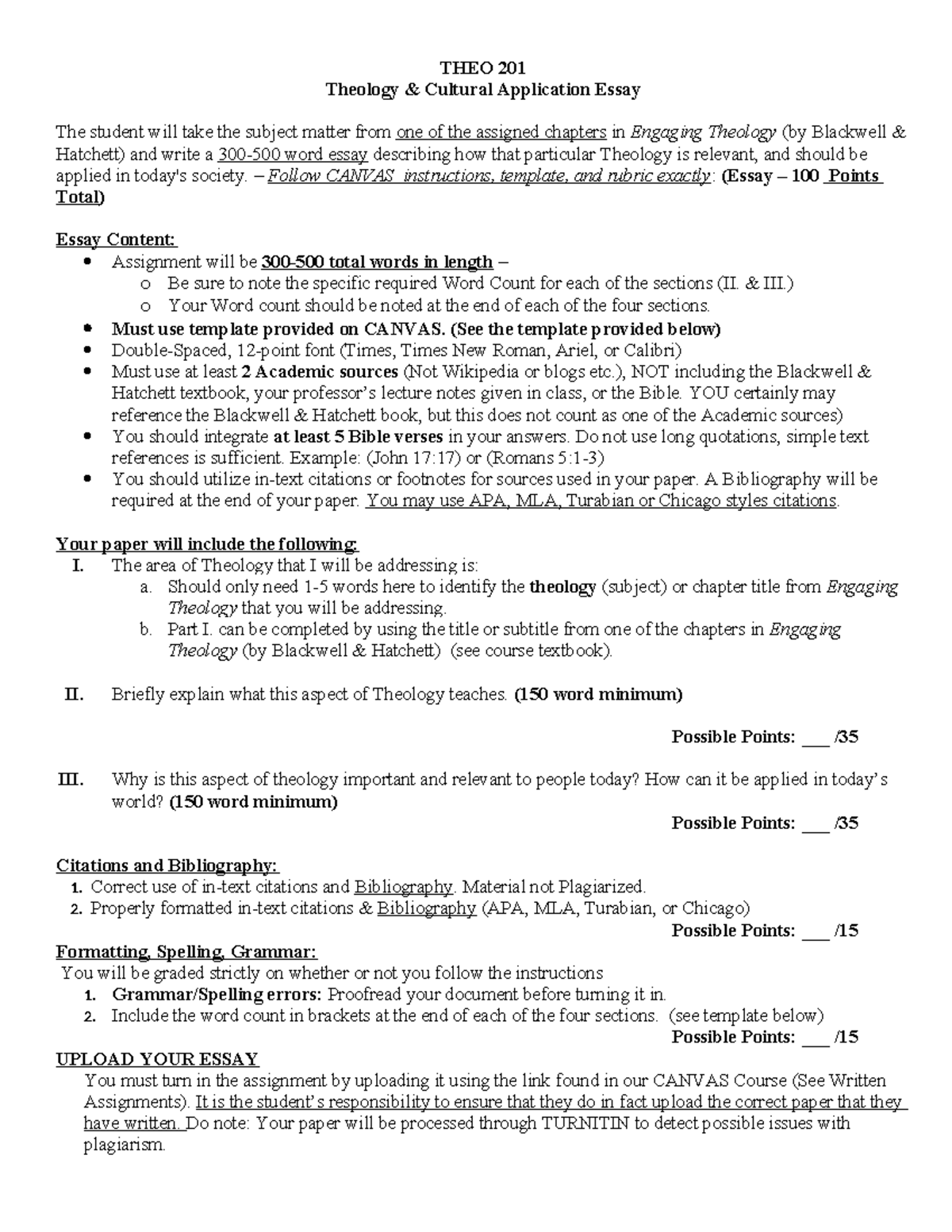 Theology & Cultural application assignment (100 points) - THEO 201 ...