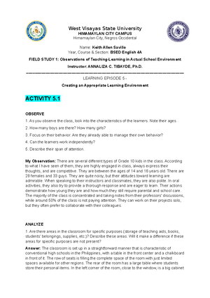 U8 Savillo (Done) - School work for Field Study 1 - West Visayas State ...