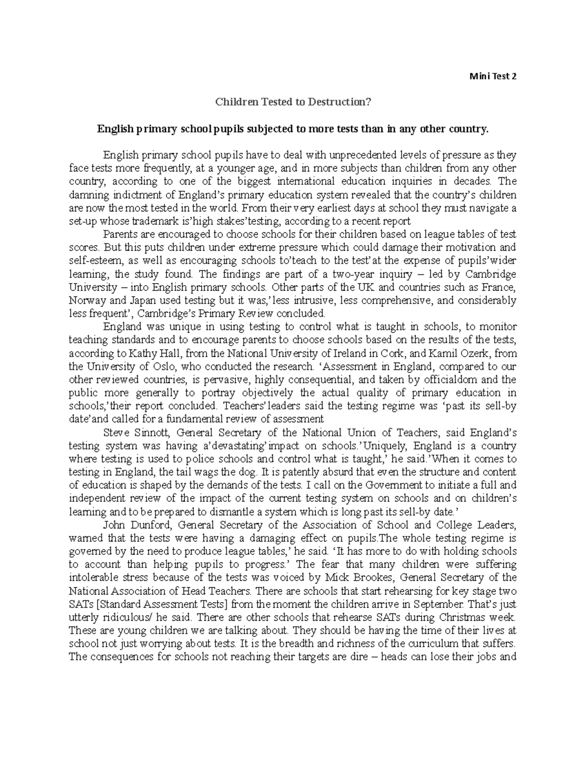 Mini Test ielts true or false 2 - Mini Test 2 Children Tested to ...