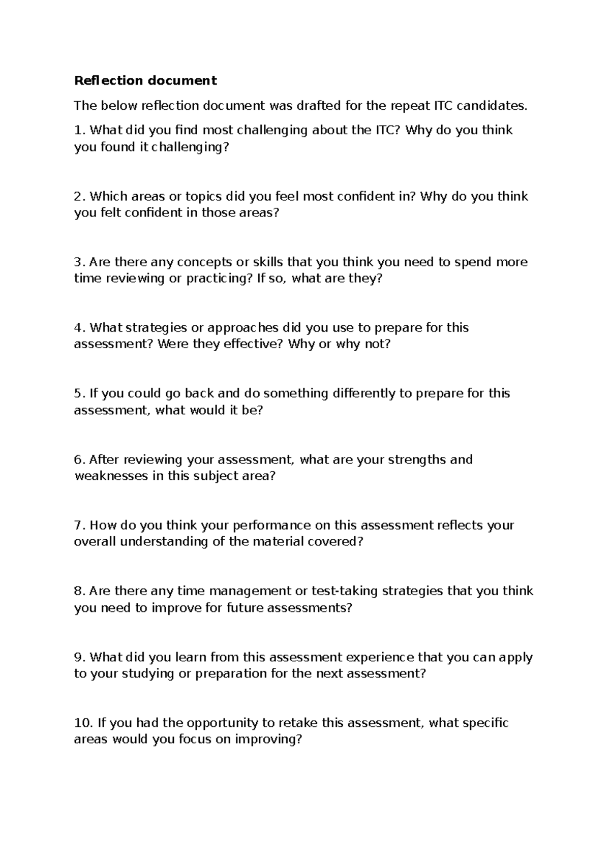 ITC Reflection Document - Reflection document The below reflection ...