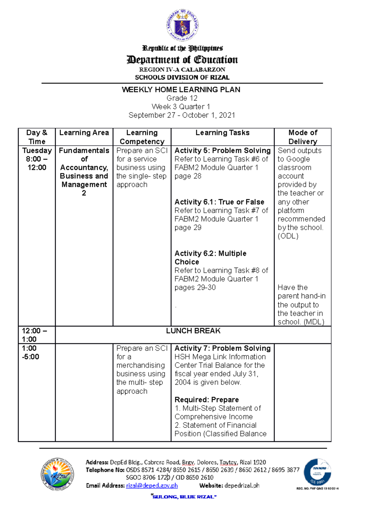 Grade 5 Weekly Home Learning Plan Whlp Quarter 2 Week 1 Deped Click