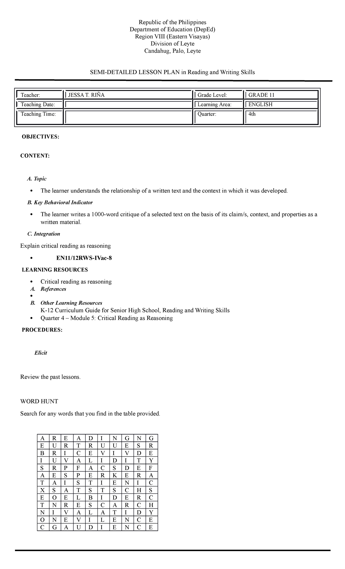 Grade 10 021920 - Lesson Plan - Republic Of The Philippines Department ...