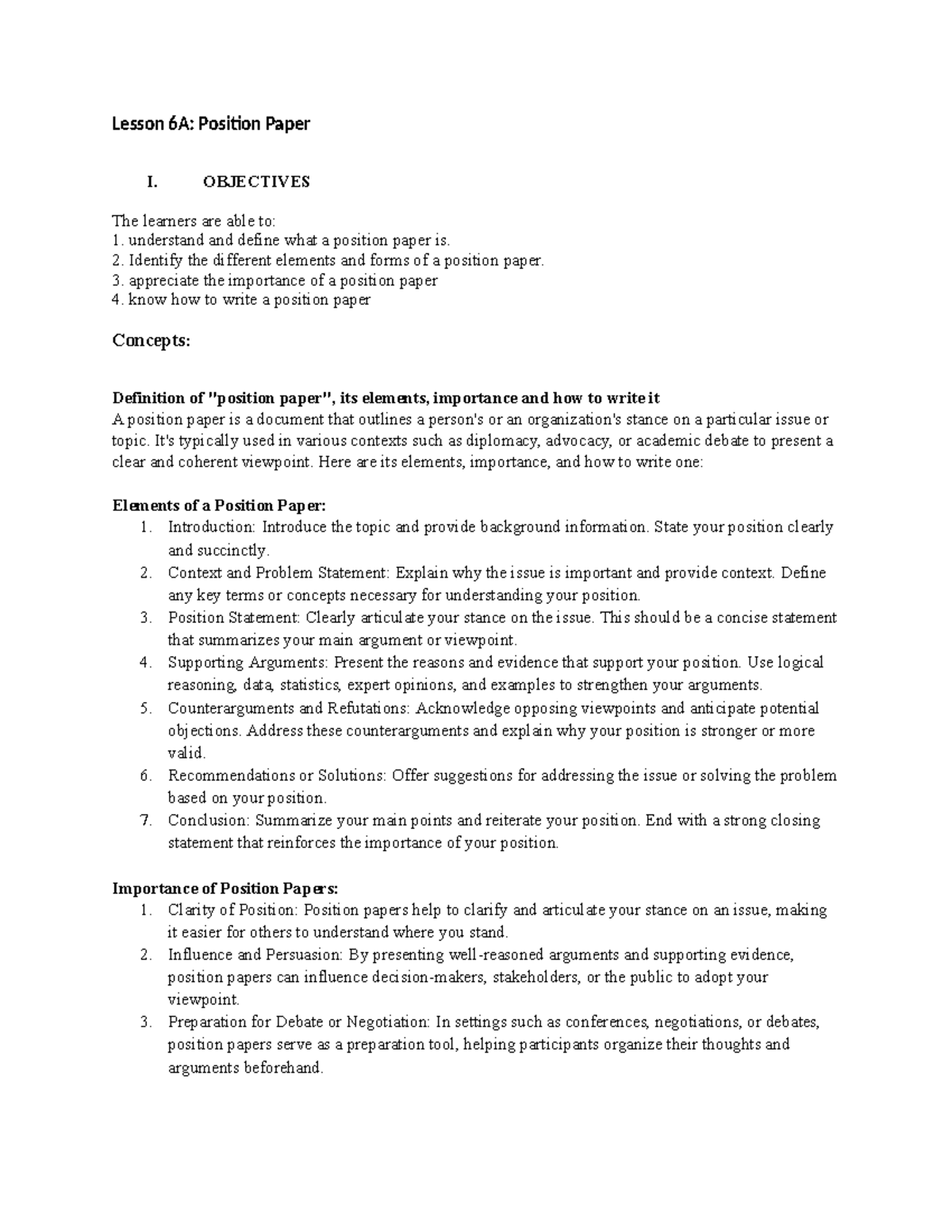 Lesson 6A Position Paper - OBJECTIVES The learners are able to ...