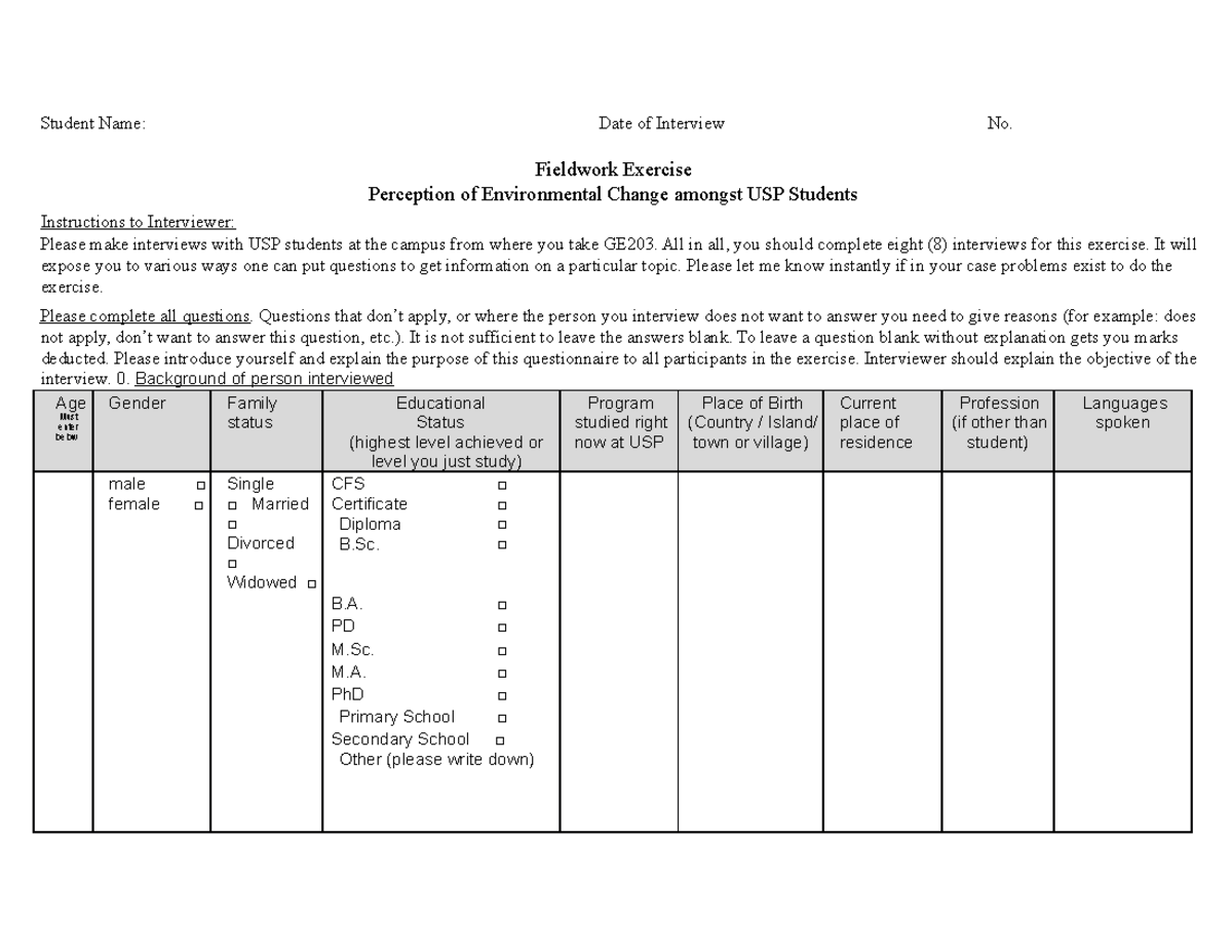Questionnaire GE203 - so specific - Student Name: Date of Interview No ...
