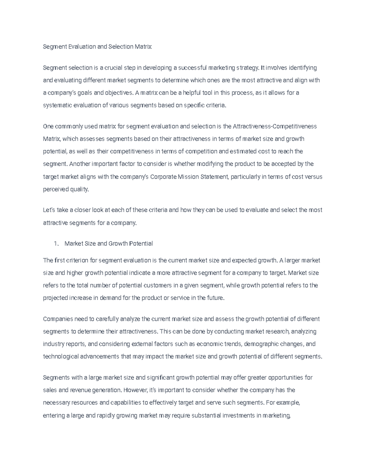 MKT2210 lecture notes 105 - Segment Evaluation and Selection Matrix ...