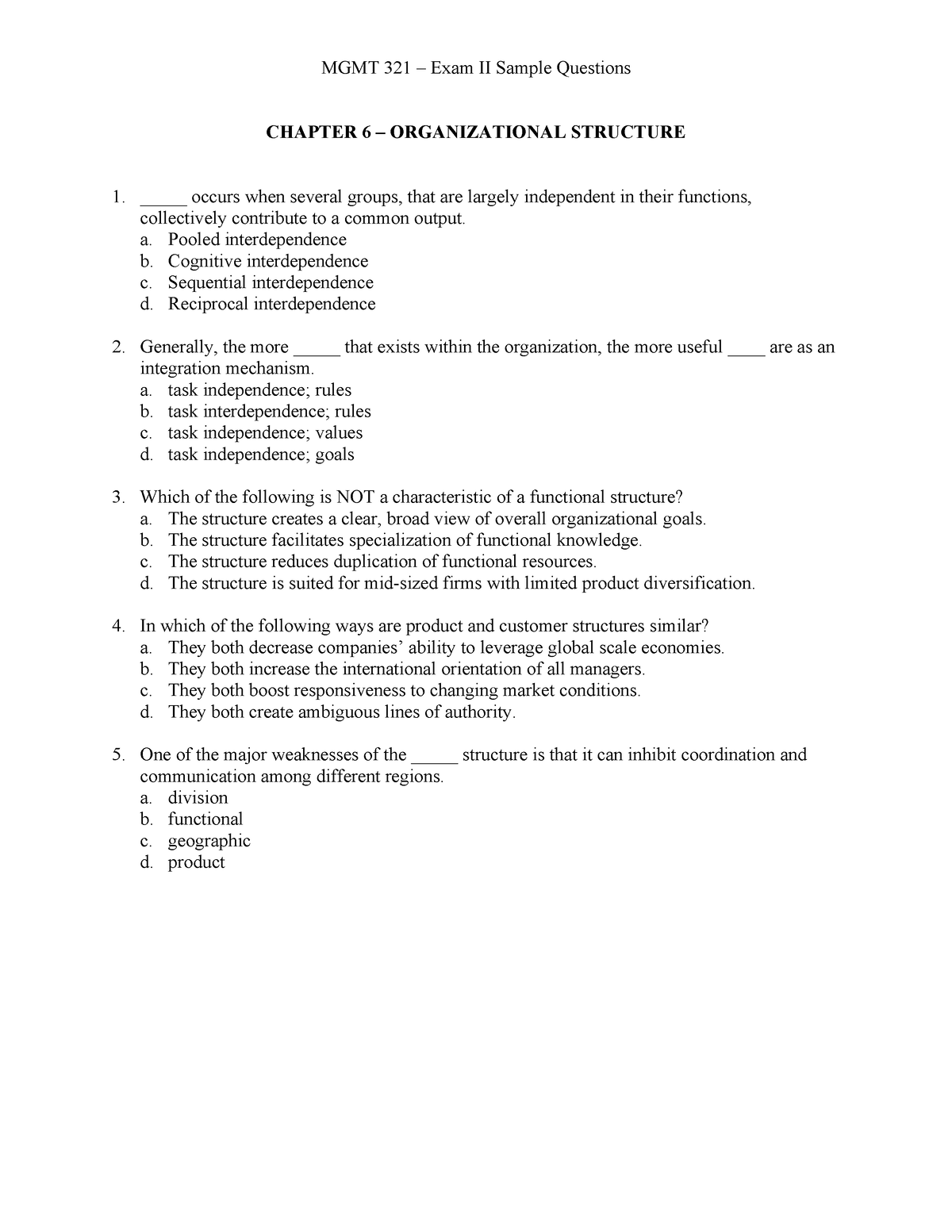 Mgmt 321 EXAM II Sample Questions - MGMT 321 – Exam II Sample Questions ...