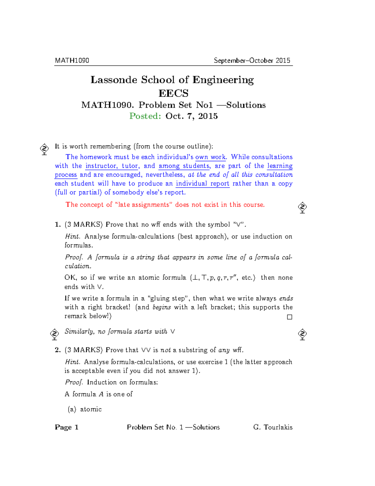 Assignment 1 And Solutions. George Tourlakis - MATH1090 2015 Lassonde ...