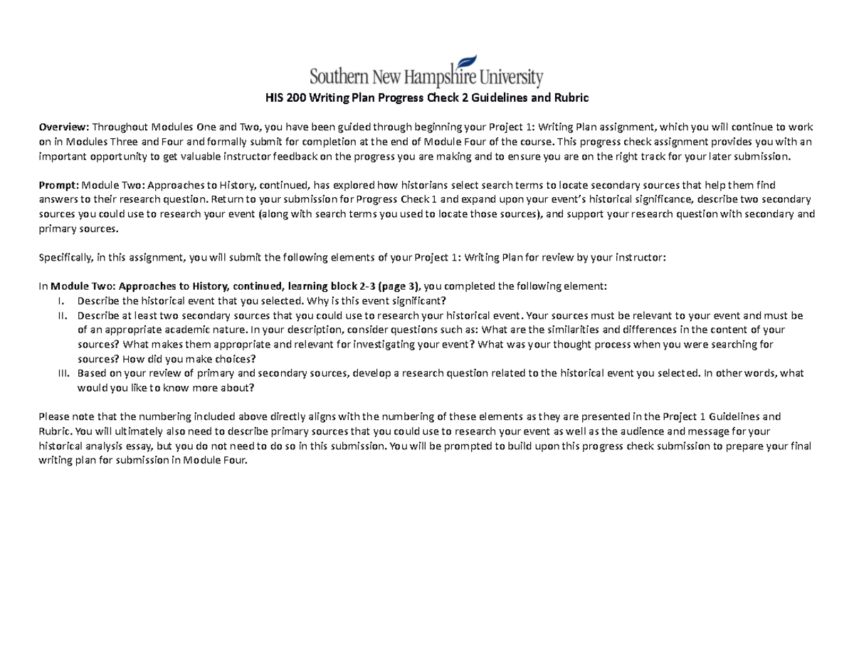 HIS 200 Writing Plan Progress Check 2 Guidelines and Rubric - HIS 200 ...