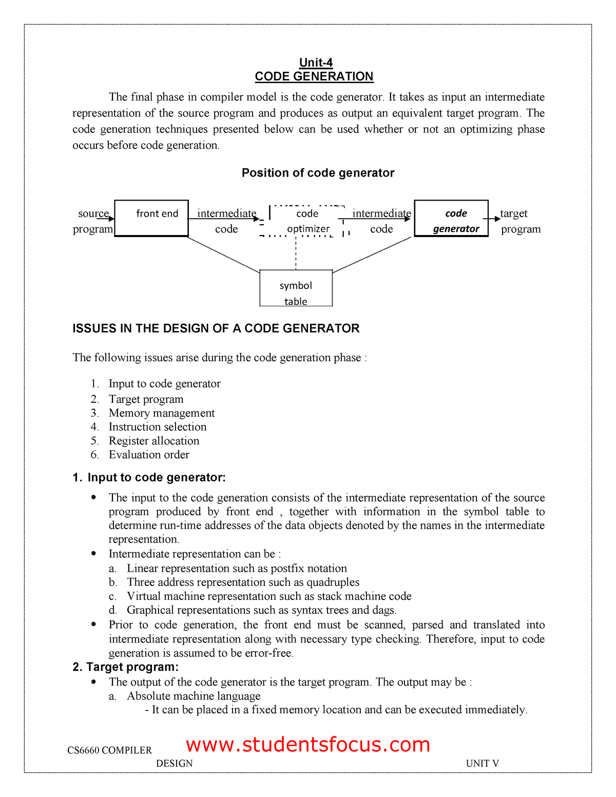 Compiler4 cdcdcdcdc Unit CODE GENERATION The final phase in