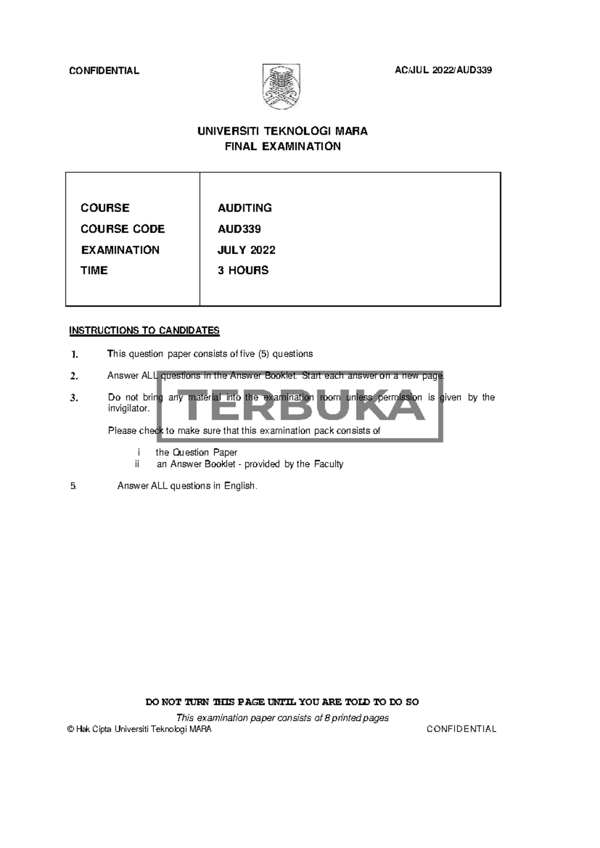 AUD339 - common test - UNIVERSITI TEKNOLOGI MARA FINAL EXAMINATION ...