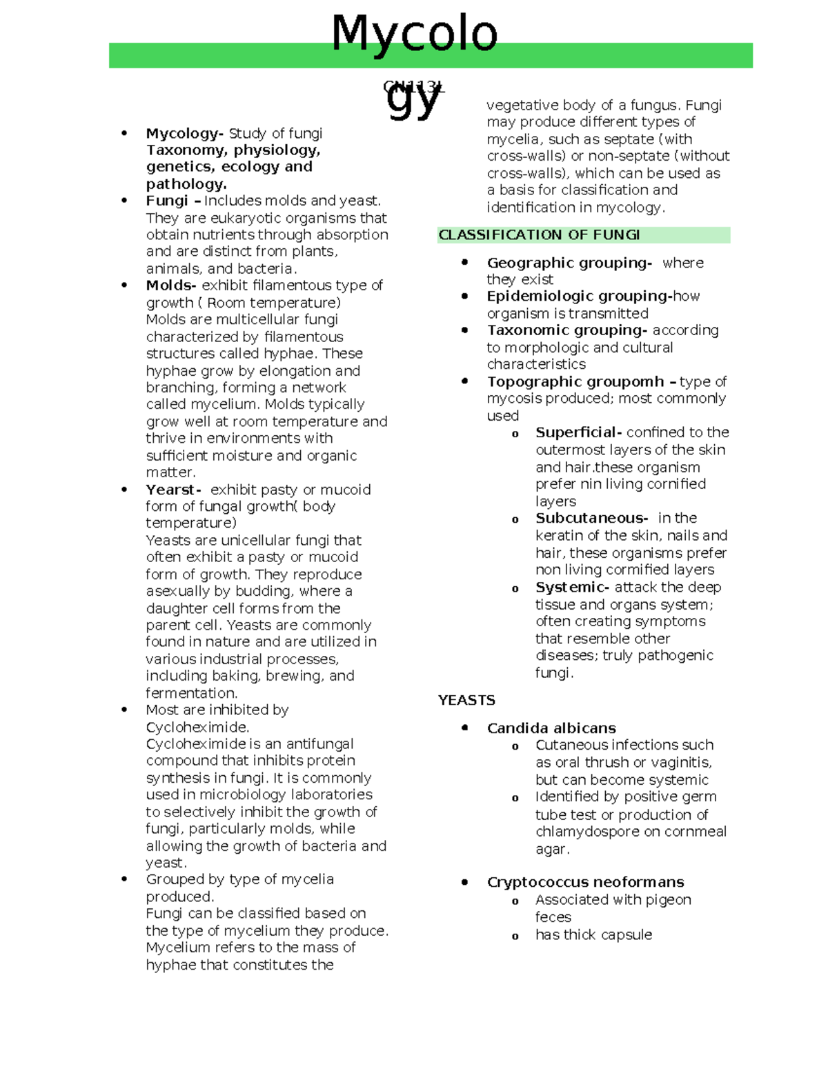 Mycology - Personal notes. - Mycology- Study of fungi Taxonomy ...