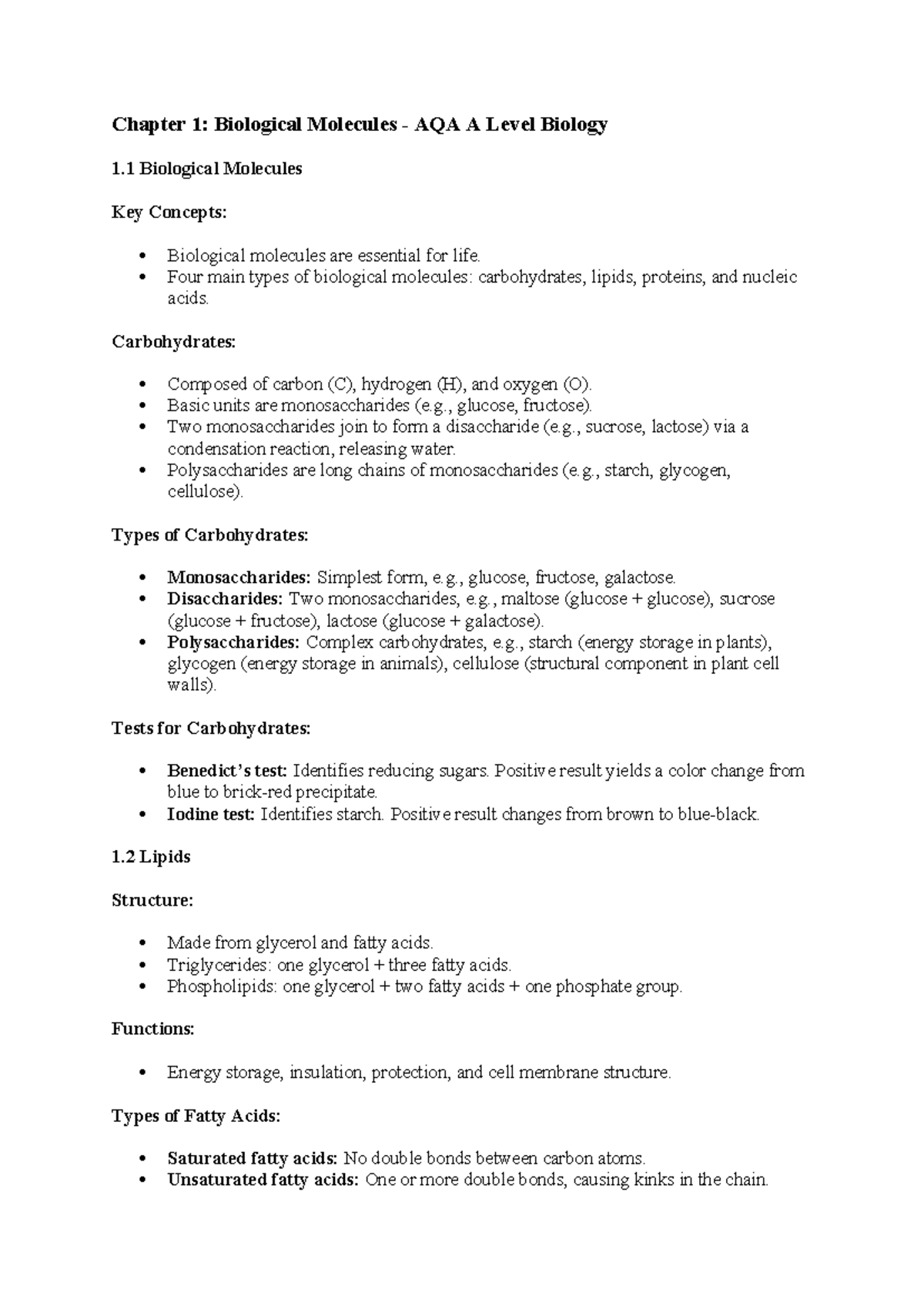 Chapter 1 - Chapter 1: Biological Molecules - AQA A Level Biology 1 ...