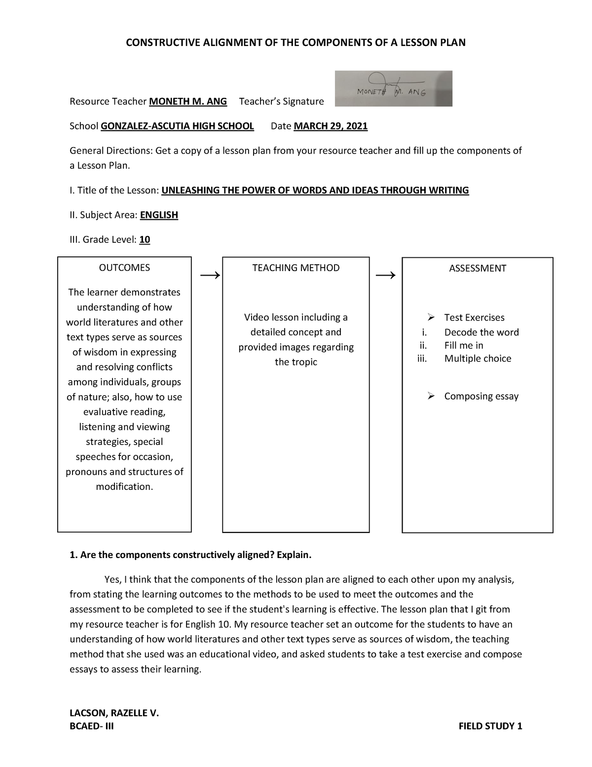 Lacson Constructive Alignment OF THE Components OF A Lesson PLAN 