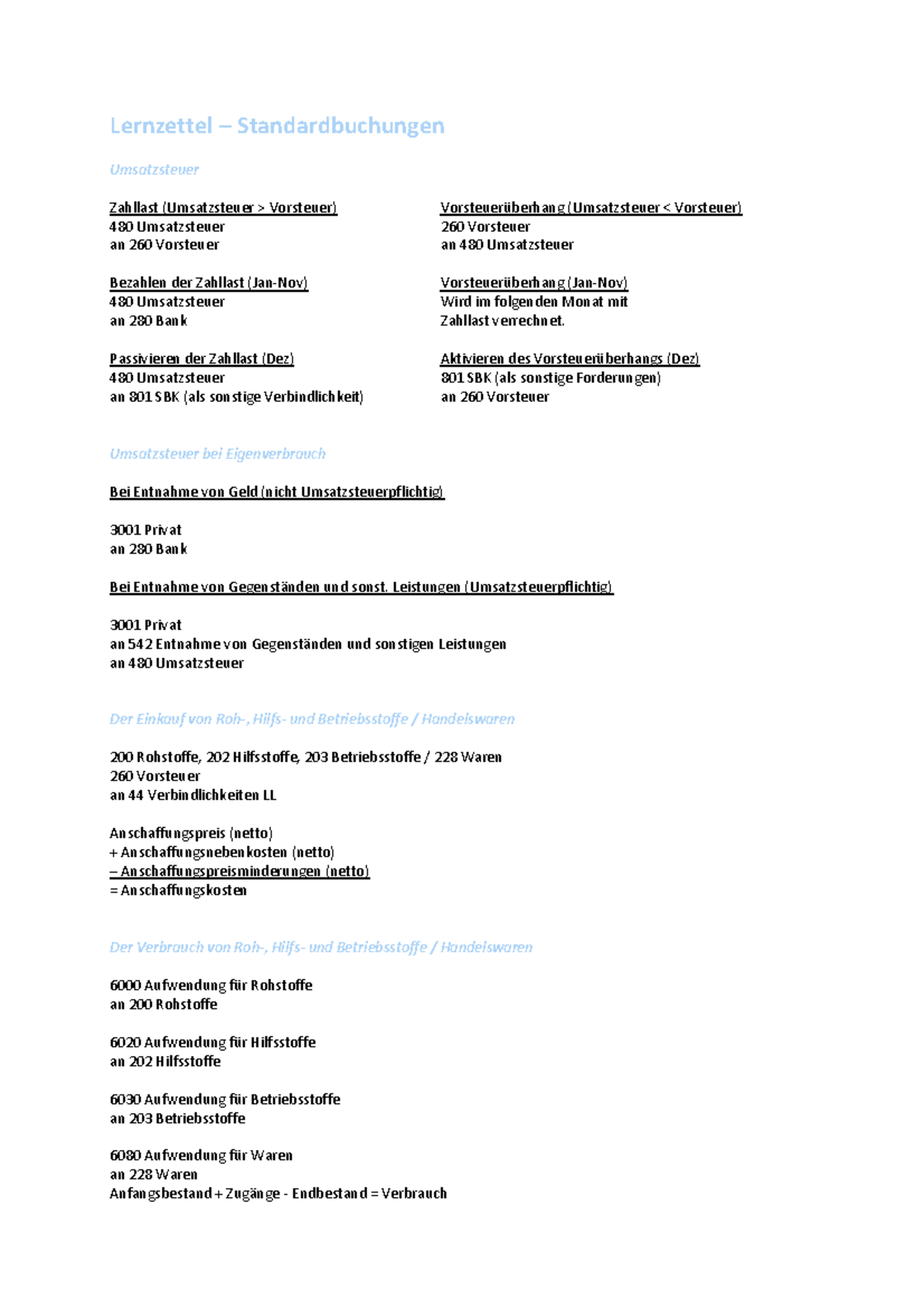 Lernzettel -Standardbuchungen - Lernzettel – Standardbuchungen