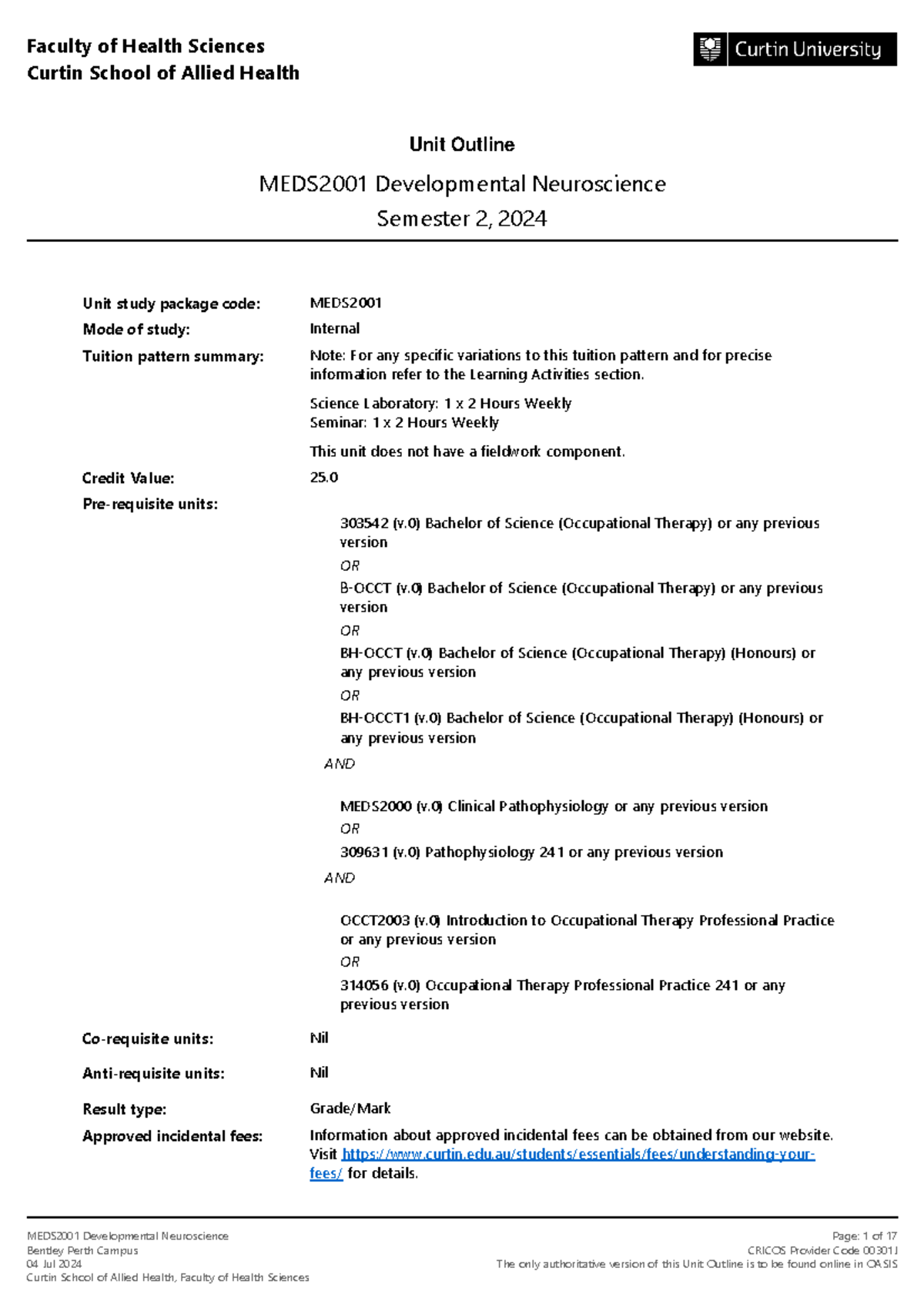 MEDS2001 Developmental Neuroscience Semester 2 2024 Bentley Perth ...