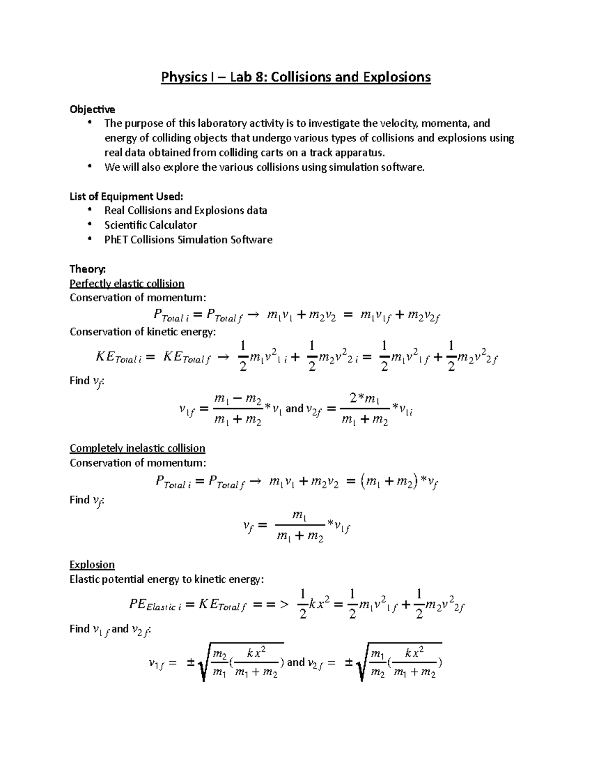 homework for lab 8 one dimensional collisions