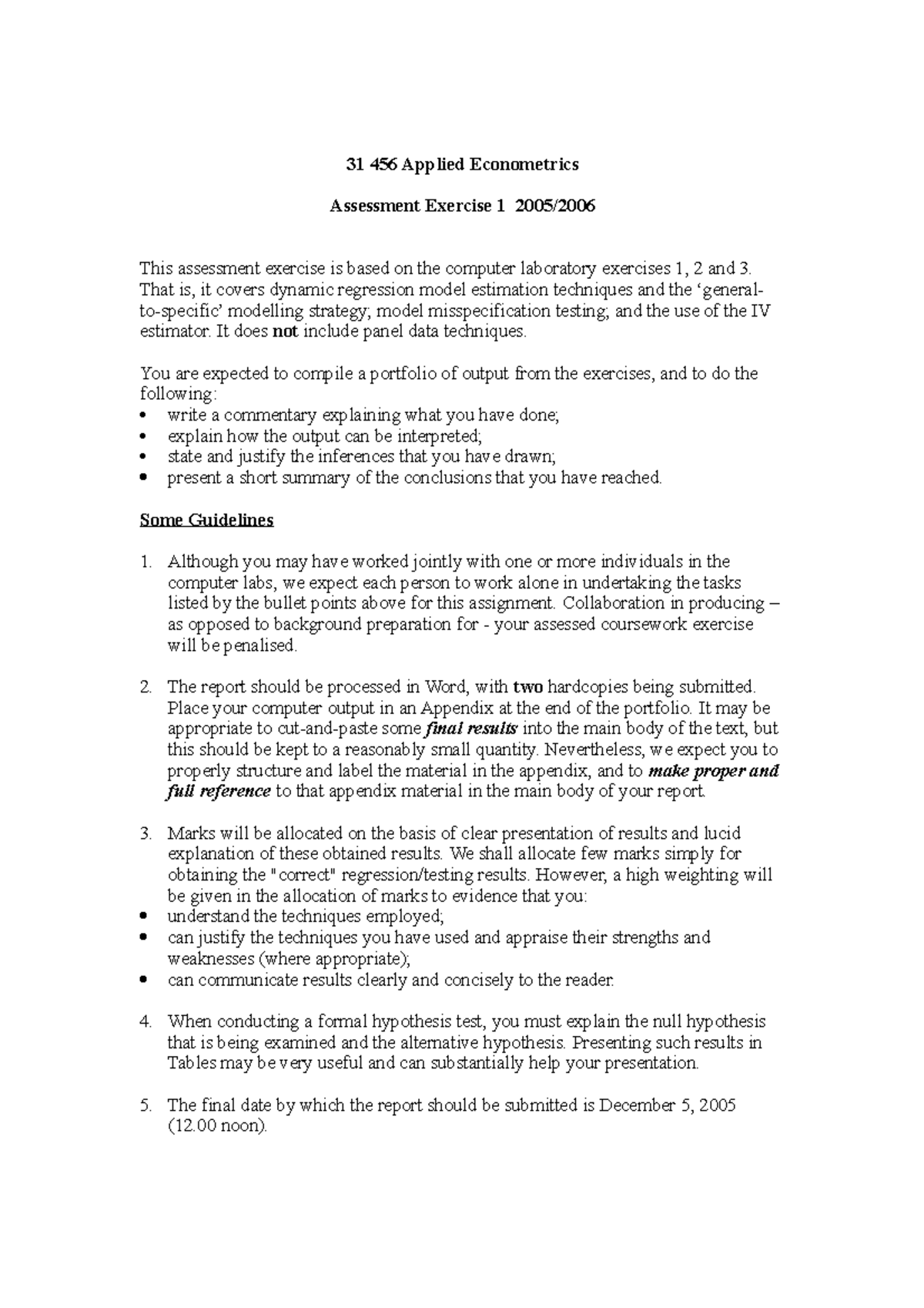 Assessment Exercise 1 Applied Econometrics 31 456 Applied Assessment Exercise 1 Applied Econometrics 31 456 Applied