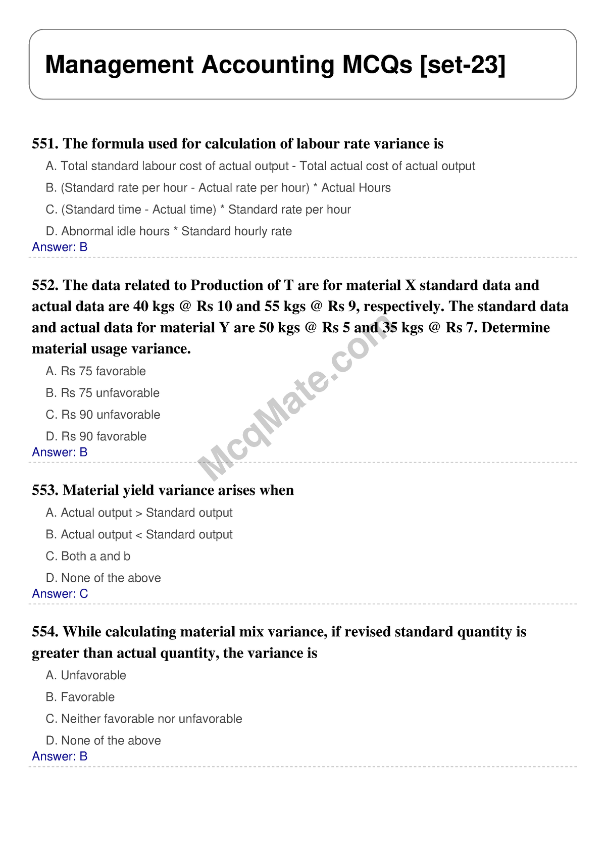 Management Accounting Solved MCQs [set-23] Mcq Mate.com - McqMate ...