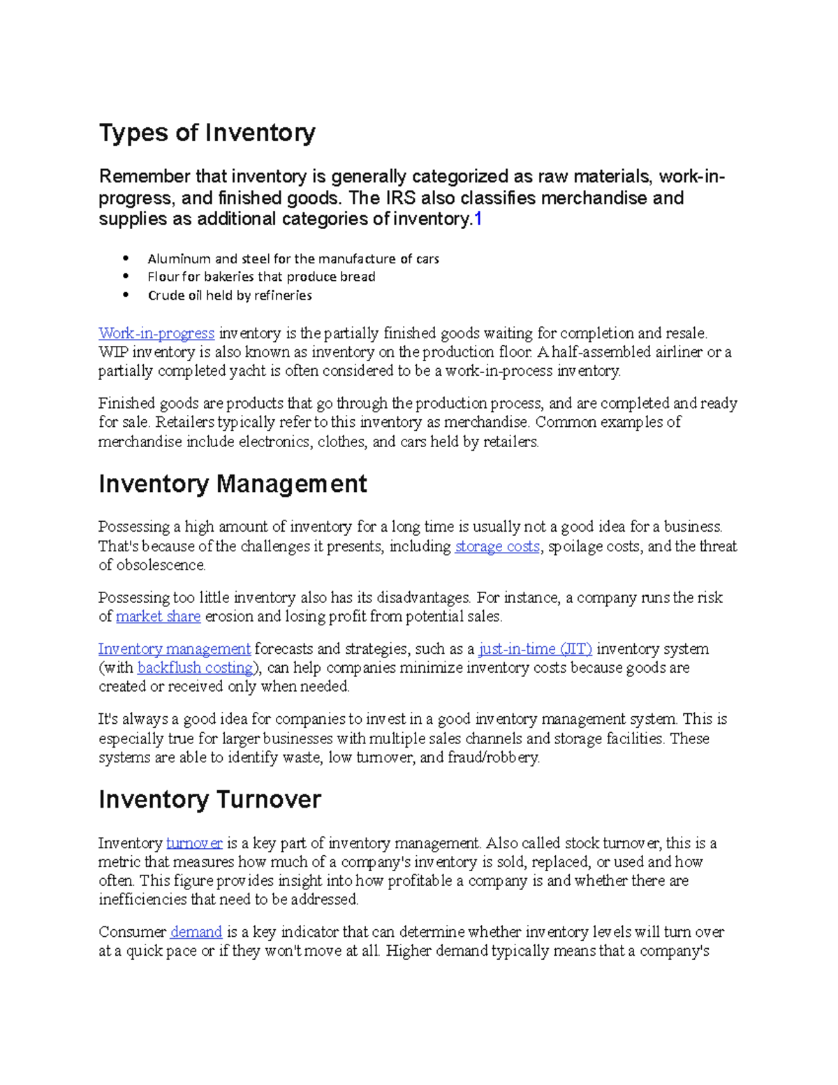 Types of Inventory Types of Inventory Remember that inventory is