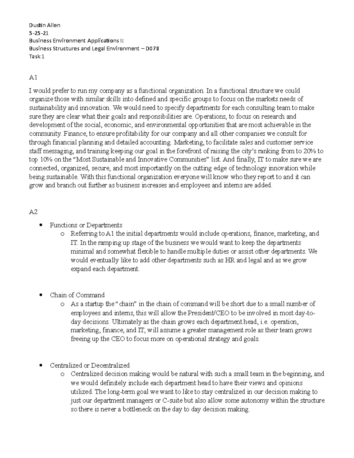 TASK 1- D078 - Passed - Dustin Allen 5-25- Business Environment ...