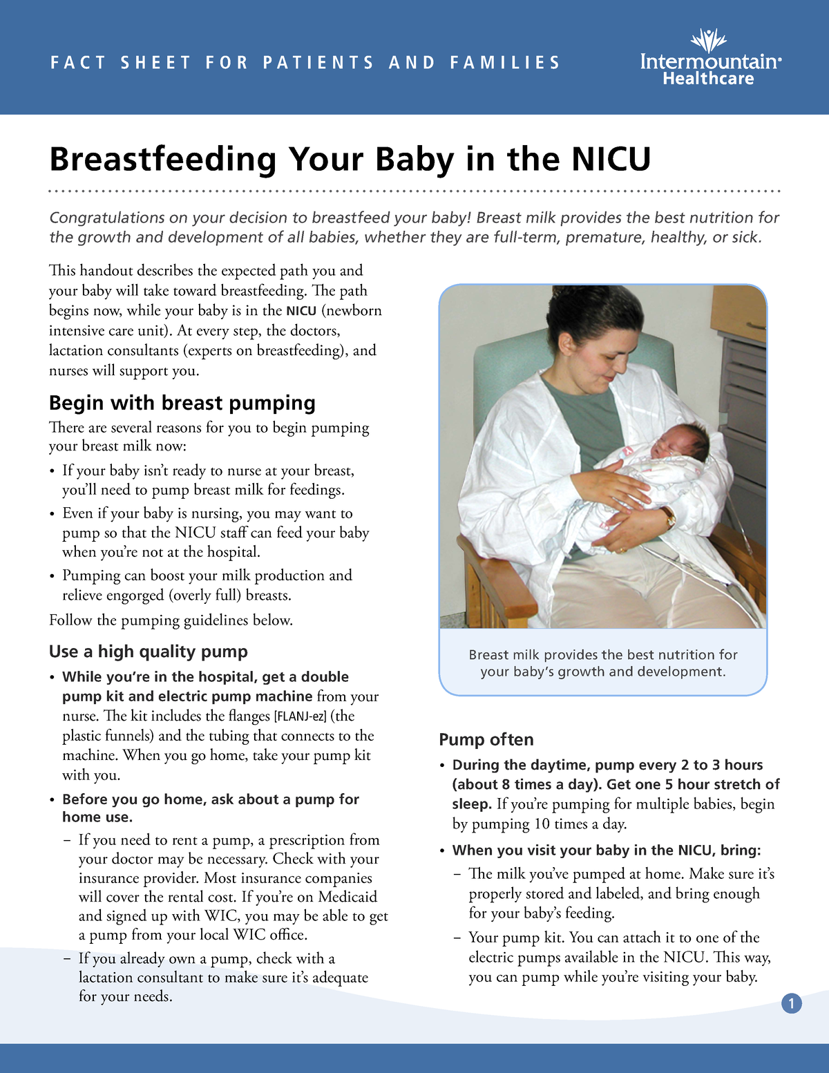 Breastfeeding Your Baby In The NICU Fact Sheet - F A C T S H E E T F O ...
