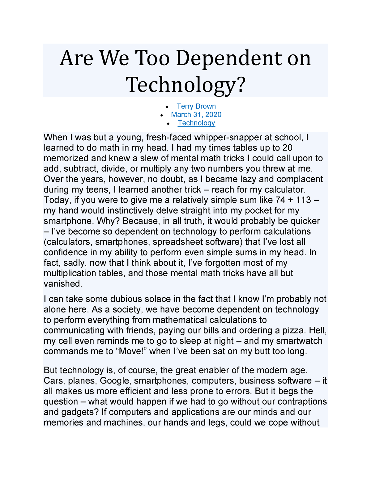 essay about dependence on technology
