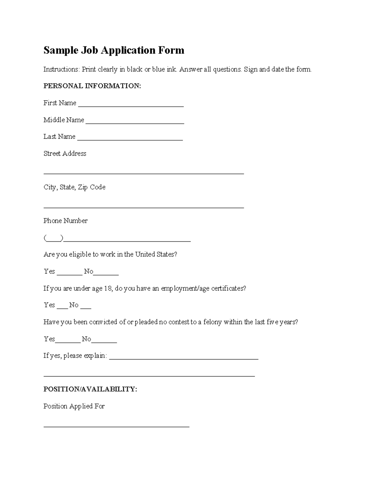 Sample Job Application Form - Sample Job Application Form Instructions ...