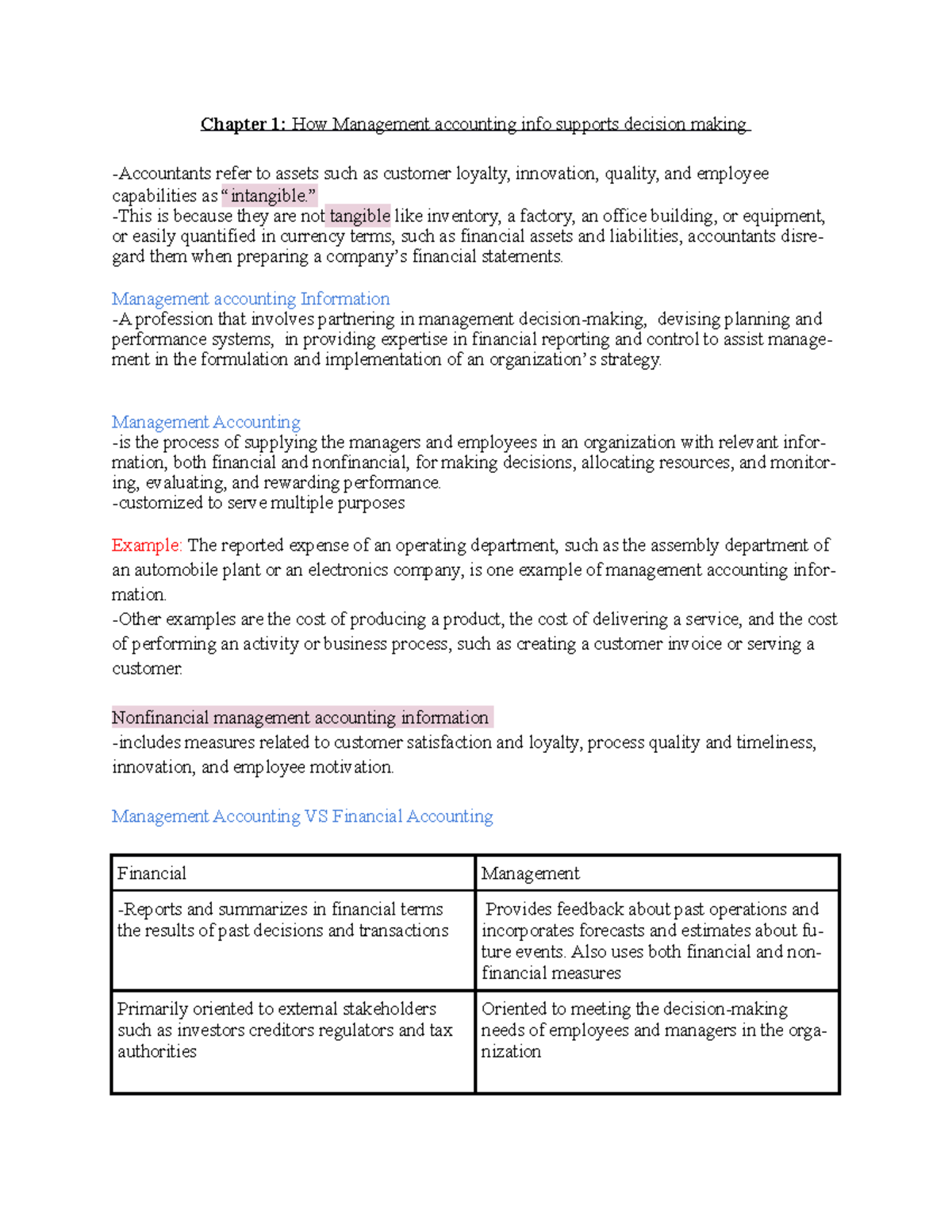 Chapter 1 lecture/textbook notes - Chapter 1: How Management accounting ...