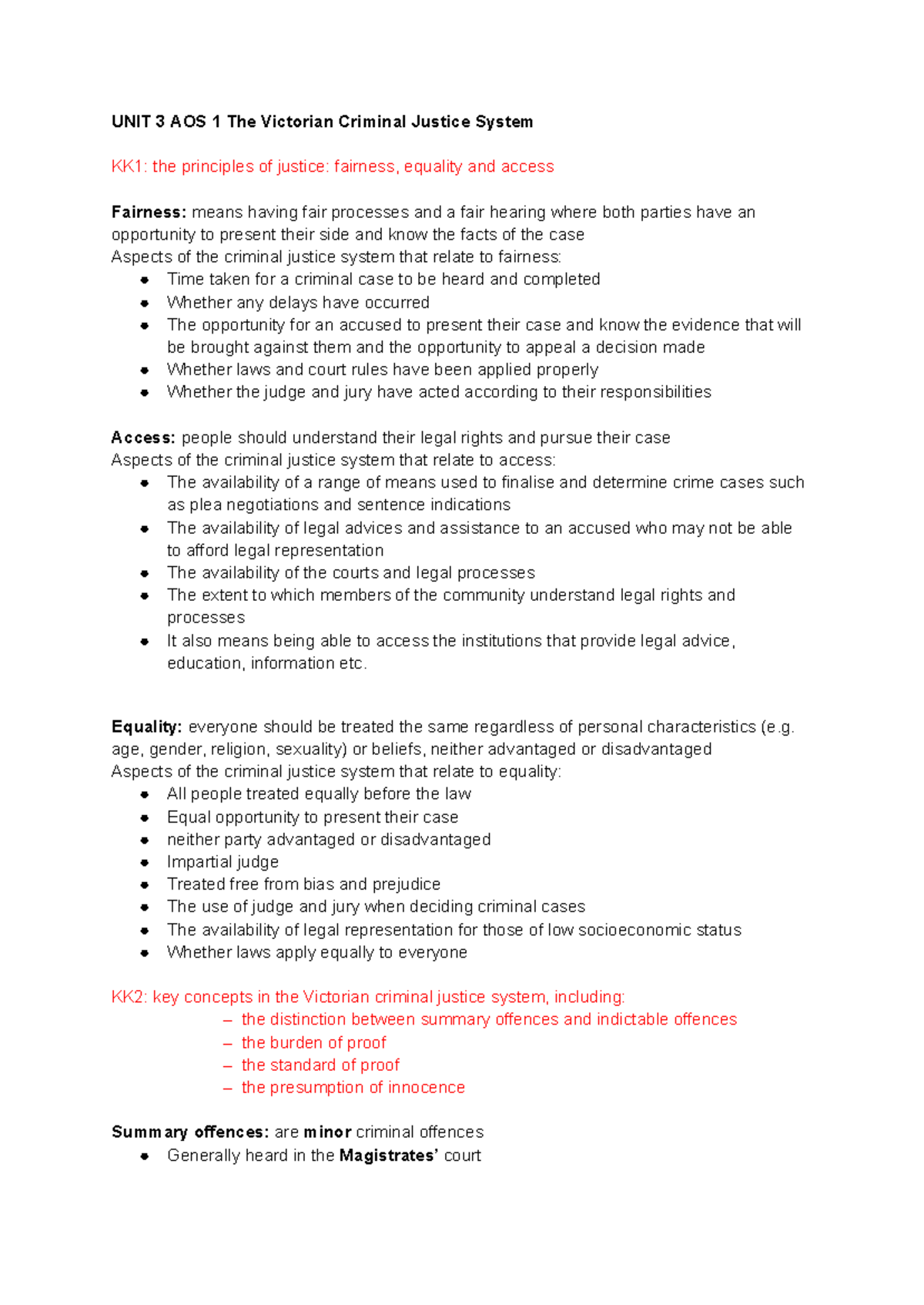 LG U3&4 Notes - UNIT 3 AOS 1 The Victorian Criminal Justice System KK1 ...