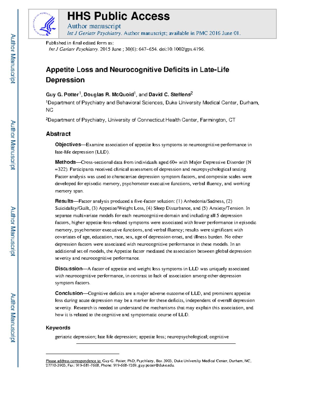 Appetite Loss and Neurocognitive Deficits in Late-Life Depression ...
